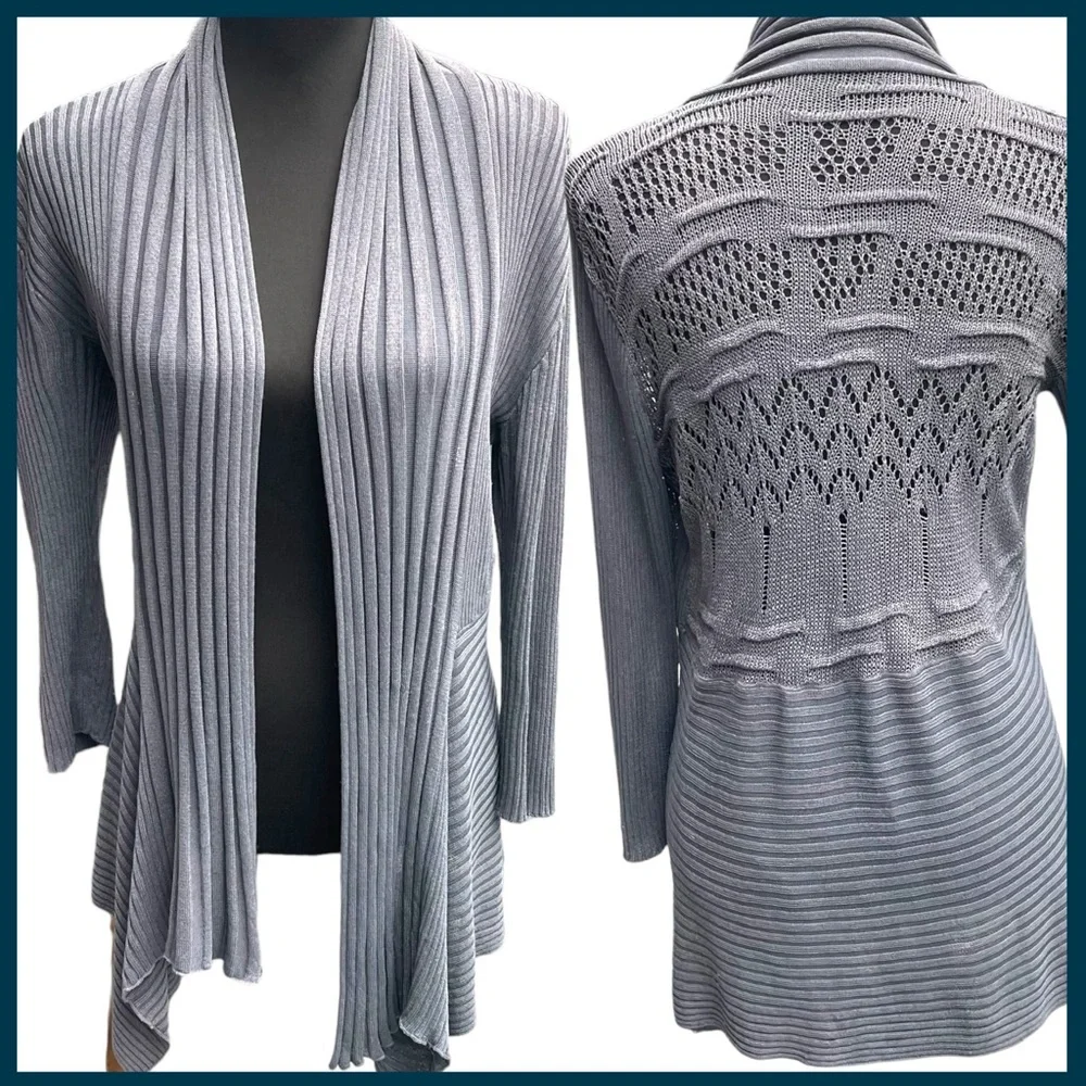 Only Olive Grey Open Front Shawl Collar Knit Lace Back Cardigan Sweater (S) - Picture 3 of 12